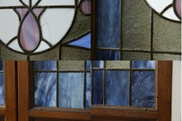 和製アンティーク　大正ロマン　小振りサイズ　透かし彫り入り　優雅な曲線と彩りが空間を華やかに演出する折りたたみ式ステンドグラス衝立て　(R-083611)