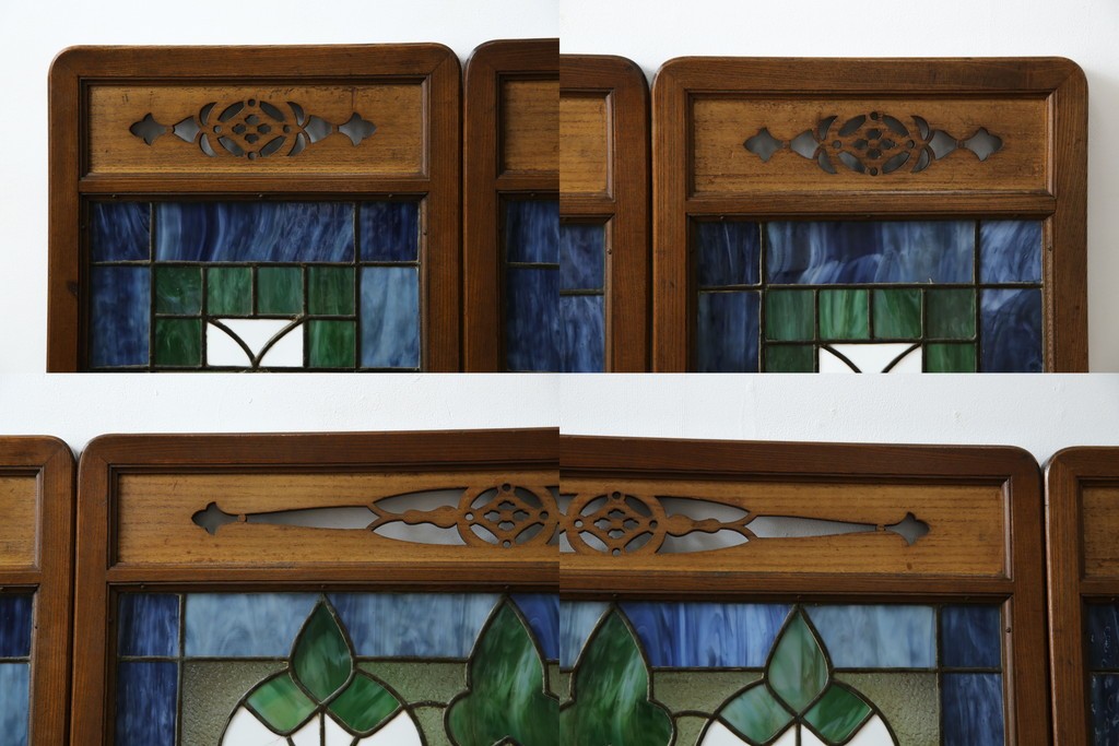 和製アンティーク　大正ロマン　小振りサイズ　透かし彫り入り　優雅な曲線と彩りが空間を華やかに演出する折りたたみ式ステンドグラス衝立て　(R-083611)