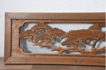 和製ヴィンテージ　昭和中期　松に鶴の図の両面彫刻を施した欄間2枚セット　(R-083615)