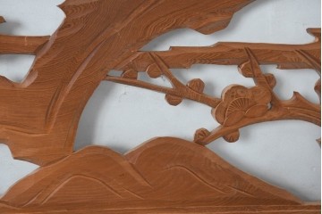 和製ヴィンテージ　昭和中期　松竹梅の縁起物の彫刻を施した片面ガラスの欄間2枚セット　(R-083617)