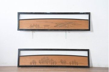 アンティーク建具　昭和初期　木立と鳥居の風景をモチーフにした透かし彫り入り欄間2枚セット　(R-083619)