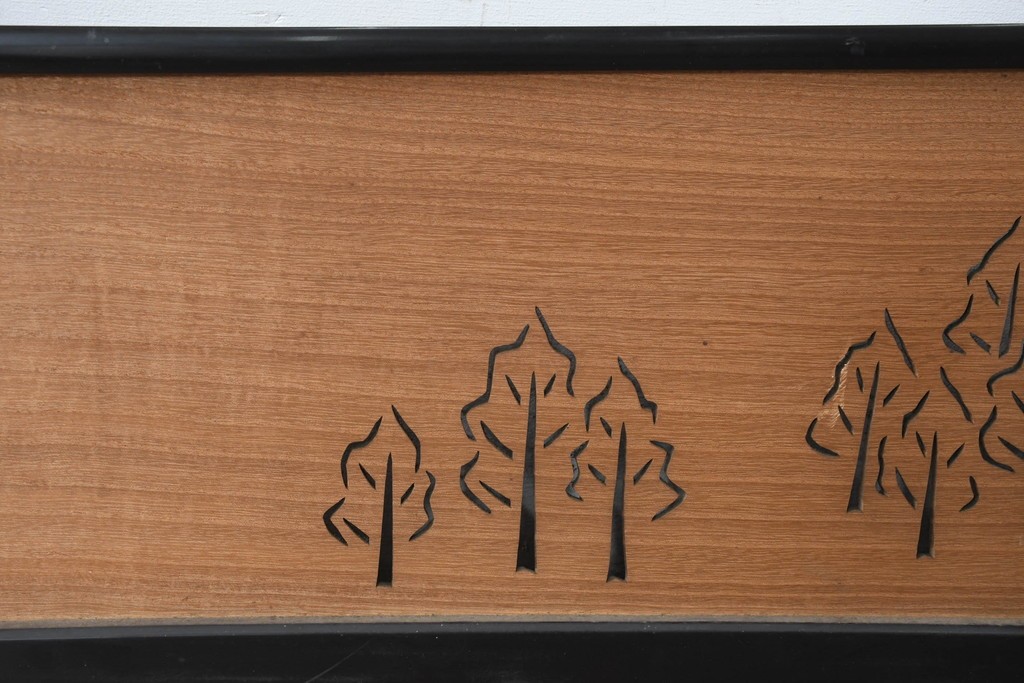 アンティーク建具　昭和初期　木立と鳥居の風景をモチーフにした透かし彫り入り欄間2枚セット　(R-083619)