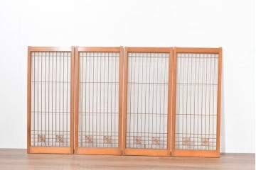 ヴィンテージ建具　昭和中期　麻の葉模様の組子細工が涼し気な片面ガラスの書院戸4枚セット　(R-083623)