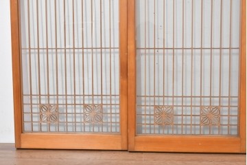 ヴィンテージ建具　昭和中期　麻の葉模様の組子細工が涼し気な片面ガラスの書院戸4枚セット　(R-083623)