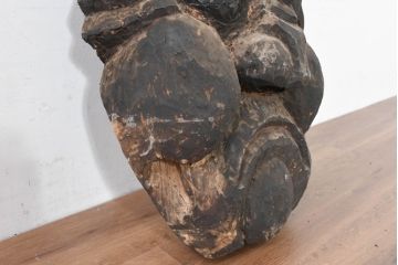 和製アンティーク　古民芸　時代物　江戸～明治期　特大　力強い表情が目を引く木彫りの竈(かまど)面(古面、オブジェ、飾り、アート)(R-083630)