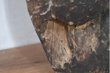和製アンティーク　古民芸　時代物　江戸～明治期　特大　力強い表情が目を引く木彫りの竈(かまど)面(古面、オブジェ、飾り、アート)(R-083630)