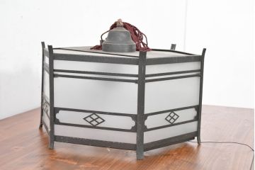 和製アンティーク　伝統美と存在感を放つ銅フレームの六角和風照明(天井照明、ペンダントライト、吊り下げ照明、シェード、電笠)(R-083633)