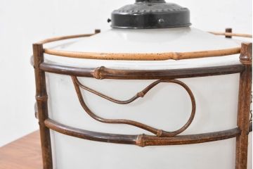 和製アンティーク　高級品!!　特大サイズ　和の雰囲気を引き立てる竹飾り付き天井照明2個セット(吊り下げ照明カバー、シェード、ペンダントライト、電笠)(R-083646)