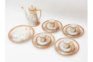 明治〜大正期　オールドノリタケ　NORITAKE　ハンドペイント　金彩　金盛　白鳥葦文　優雅な雰囲気漂うポット・カップ&ソーサー4客・プレート5枚セット(トリオ、デミタス、コーヒー、C&S、碗皿)(R-083678)