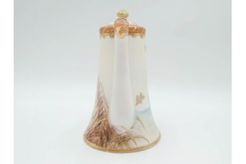 明治〜大正期　オールドノリタケ　NORITAKE　ハンドペイント　金彩　金盛　白鳥葦文　優雅な雰囲気漂うポット・カップ&ソーサー4客・プレート5枚セット(トリオ、デミタス、コーヒー、C&S、碗皿)(R-083678)