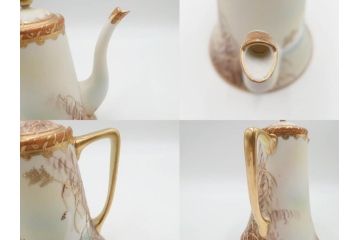明治〜大正期　オールドノリタケ　NORITAKE　ハンドペイント　金彩　金盛　白鳥葦文　優雅な雰囲気漂うポット・カップ&ソーサー4客・プレート5枚セット(トリオ、デミタス、コーヒー、C&S、碗皿)(R-083678)
