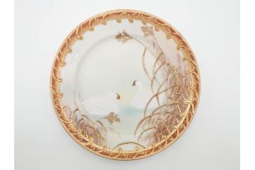 明治〜大正期　オールドノリタケ　NORITAKE　ハンドペイント　金彩　金盛　白鳥葦文　優雅な雰囲気漂うポット・カップ&ソーサー4客・プレート5枚セット(トリオ、デミタス、コーヒー、C&S、碗皿)(R-083678)