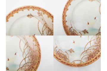 明治〜大正期　オールドノリタケ　NORITAKE　ハンドペイント　金彩　金盛　白鳥葦文　優雅な雰囲気漂うポット・カップ&ソーサー4客・プレート5枚セット(トリオ、デミタス、コーヒー、C&S、碗皿)(R-083678)