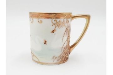 明治〜大正期　オールドノリタケ　NORITAKE　ハンドペイント　金彩　金盛　白鳥葦文　優雅な雰囲気漂うポット・カップ&ソーサー4客・プレート5枚セット(トリオ、デミタス、コーヒー、C&S、碗皿)(R-083678)
