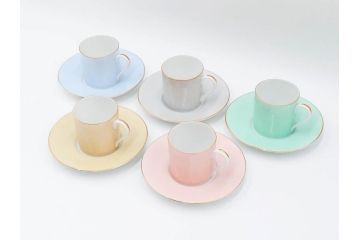 昭和初期　オールドノリタケ　NORITAKE　金彩　色蒔き?　ピンク　クリーム　グリーン　ブルー　グレー　心がほどけるような色彩のやさしさが魅力のカップ&ソーサー5客セット(マルキ印、碗皿、C&S、洋食器)(R-083679)