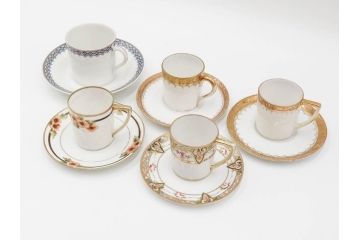 戦前　オールドノリタケ　NORITAKE　ハンドペイント　金彩　金盛　花　どんなシーンにも華を添え優雅な空間を創り出すカップ&ソーサー5客セット(マルキ印、ヤジロベー印、碗皿、C&S、洋食器)(R-083680)