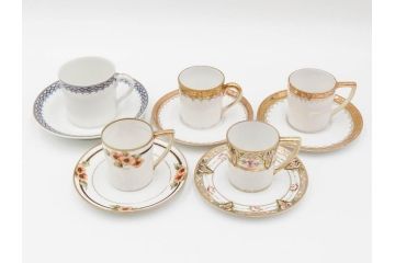戦前　オールドノリタケ　NORITAKE　ハンドペイント　金彩　金盛　花　どんなシーンにも華を添え優雅な空間を創り出すカップ&ソーサー5客セット(マルキ印、ヤジロベー印、碗皿、C&S、洋食器)(R-083680)