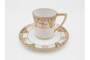 戦前　オールドノリタケ　NORITAKE　ハンドペイント　金彩　金盛　花　どんなシーンにも華を添え優雅な空間を創り出すカップ&ソーサー5客セット(マルキ印、ヤジロベー印、碗皿、C&S、洋食器)(R-083680)