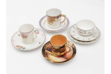 戦前　オールドノリタケ　NORITAKE　オールド名陶　ハンドペイント　ラスター彩　金彩　金盛　花　バラエティ豊かなデザインで毎日を彩るカップ&ソーサー4客セット(フラワー、マルキ印、ライジングサン印、碗皿、C&S、洋食器)(R-083681)