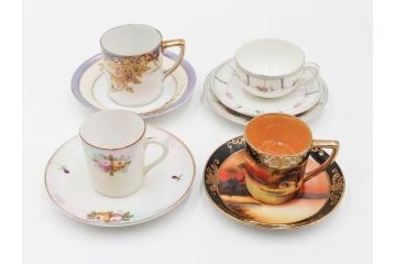 戦前　オールドノリタケ　NORITAKE　オールド名陶　ハンドペイント　ラスター彩　金彩　金盛　花　バラエティ豊かなデザインで毎日を彩るカップ&ソーサー4客セット(フラワー、マルキ印、ライジングサン印、碗皿、C&S、洋食器)(R-083681)