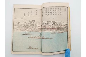 江戸期　暁晴翁著　松川半山画　淀川両岸一覧　上り船の部　上下 2冊揃(木版画、地誌、古書、和本)(R-083687)　