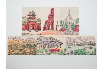 真作　田川憲　手摺版　長崎風物詩の版画集と絵葉書のセット　(R-083693)　
