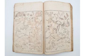 葛飾北斎　「北斎漫画」　二編(2編)　四編(4編)　浮世絵　木版画　2冊セット(画集、絵手本、和本、古書)(R-083696)