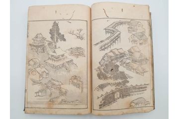 葛飾北斎　「北斎漫画」　二編(2編)　四編(4編)　浮世絵　木版画　2冊セット(画集、絵手本、和本、古書)(R-083696)