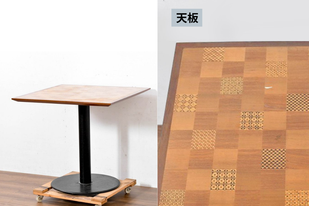 和製ヴィンテージ　幾何学模様がおしゃれなパーケットリー天板のダイニングテーブル　(R-083704)