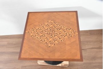 和製ビンテージ　幾何学模様が魅せる工芸美が美しいダイニングテーブル(パーケットリー、象嵌、2人掛け、二人掛け、ヴィンテージ)(R-083705)