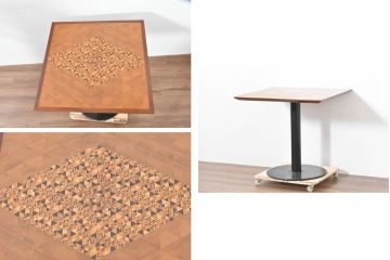 和製ビンテージ　幾何学模様が魅せる工芸美が美しいダイニングテーブル(パーケットリー、象嵌、2人掛け、二人掛け、ヴィンテージ)(R-083705)