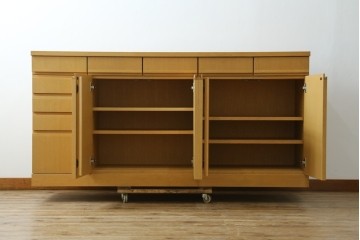 中古　国産職人手作りオーダー家具　天板ナラ(楢)材　無垢　シンプルモダンなサイドボード　製作費65万円　(R-083714)