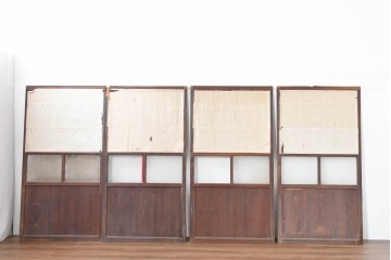 アンティーク建具　明治大正期　古い木味のガラス入り格子戸4枚セット　(R-083737)
