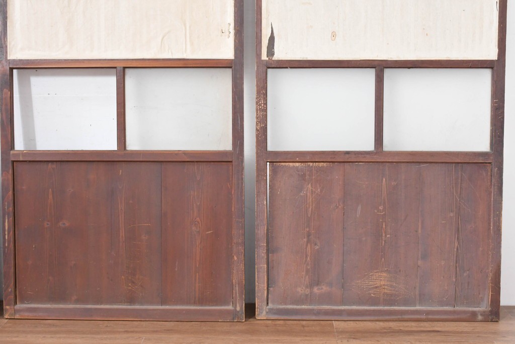 アンティーク建具　明治大正期　古い木味のガラス入り格子戸4枚セット　(R-083737)