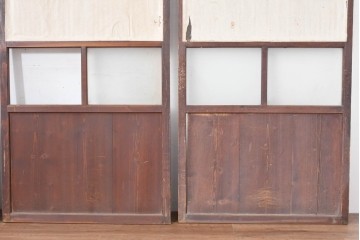 アンティーク建具　明治大正期　古い木味のガラス入り格子戸4枚セット　(R-083737)