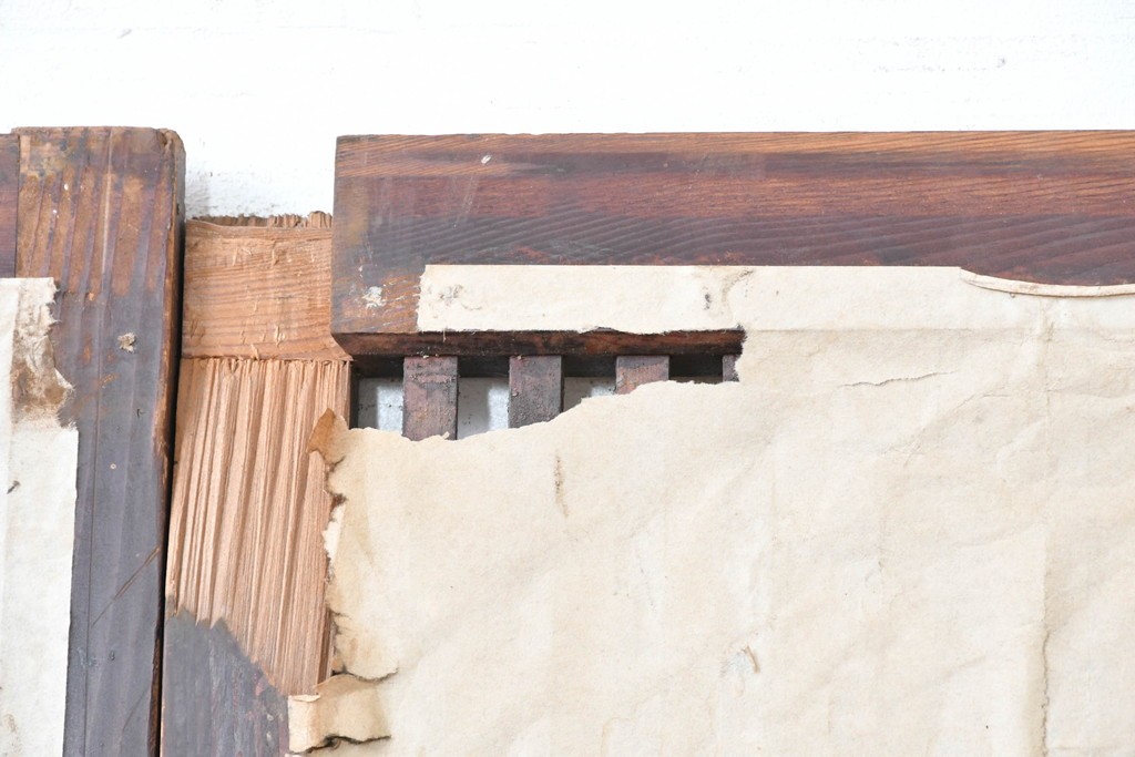 アンティーク建具　明治大正期　古い木味のガラス入り格子戸4枚セット　(R-083737)