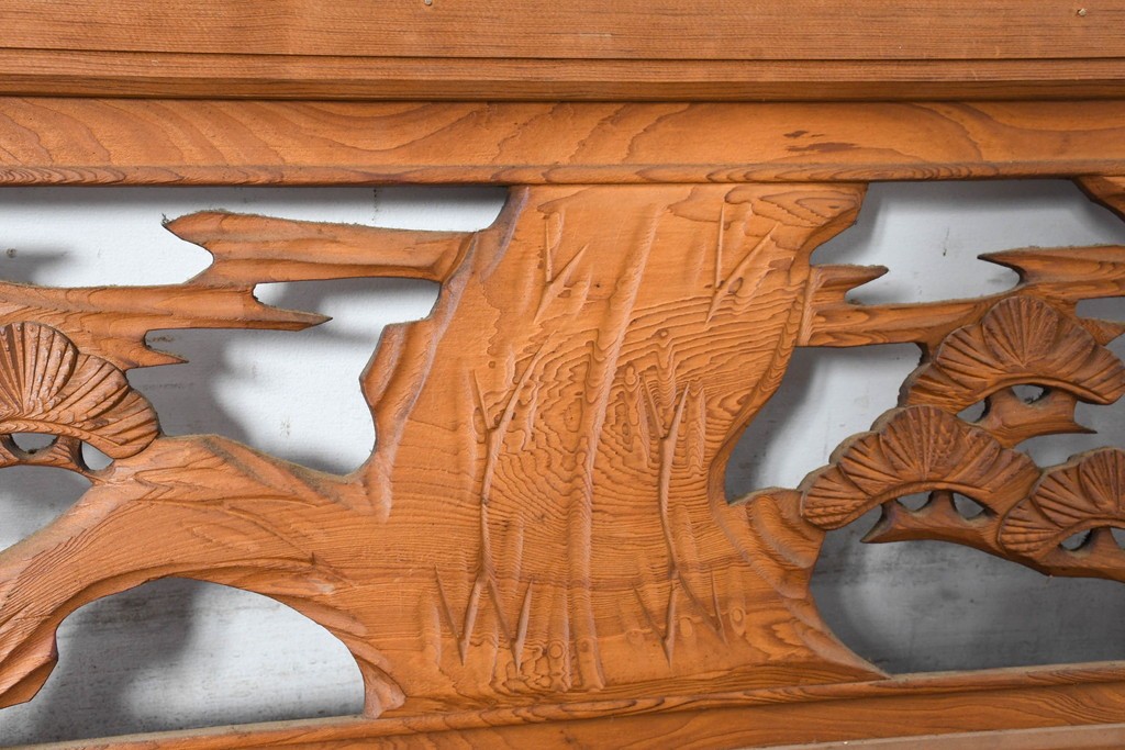 和製ヴィンテージ　昭和中期　松竹梅の縁起物の両面彫刻を施した欄間2枚セット　(R-083739)