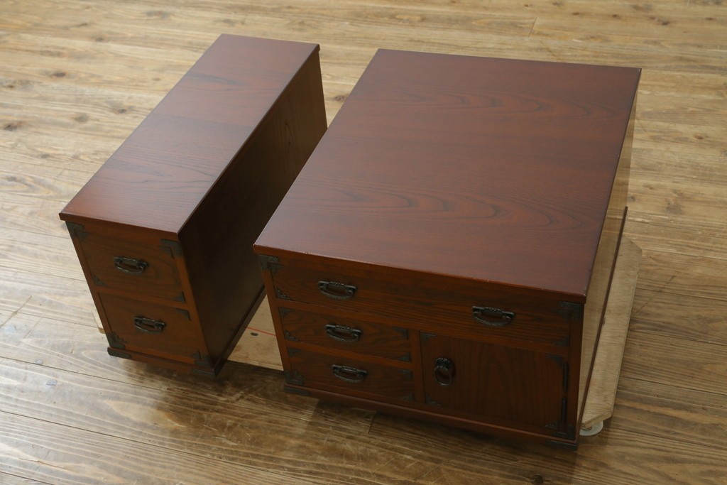 中古　美品　民芸家具　様々な使い方ができる!左右入れ替え可能な組み立て式両袖机　(R-083753)