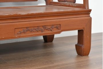 中国ビンテージ　花梨(カリン)材　細部までこだわりを感じる重厚な佇まいの長椅子(木製ベンチ、アームベンチ、板座チェア、長イス、3P、3人掛け、三人掛けソファ、ヴィンテージ)(R-083754)