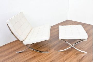 中古　イタリアビンテージ　リプロダクト品　本革　モダンな寛ぎ空間を演出するバルセロナチェアとオットマンのセット(バルセロナスツール、1人掛けソファ、椅子、イス、ヴィンテージ)(当時25万円で購入)(R-083780)