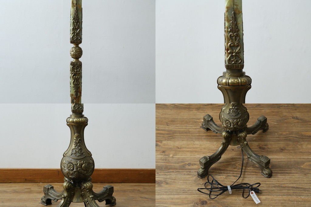 イタリアビンテージ　高級イタリア輸入品　ONYX ART　クラシカルエレガント　大理石ポールと美しい真鍮細工のフロアスタンド　(R-083792)