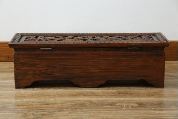 中国ビンテージ　民芸家具　龍・花の彫刻入り!引き出し付きアンティーク調収納箱　(R-083793)