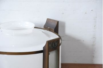 和製アンティーク　大正ロマン　銅飾り付きのレトロなガラス製ペンダントライト(吊り下げ照明、天井照明、シェードランプ)(R-083833)