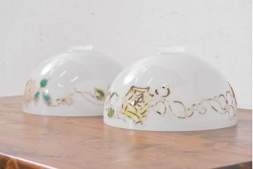 和製アンティーク　薔薇(バラ)　繊細なガラス絵が彩るレトロランプシェード2個セット(照明カバー、吊り下げ照明、ペンダントライト、天井照明、電笠)(R-083853)