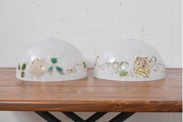 和製アンティーク　薔薇(バラ)　繊細なガラス絵が彩るレトロランプシェード2個セット(照明カバー、吊り下げ照明、ペンダントライト、天井照明、電笠)(R-083853)