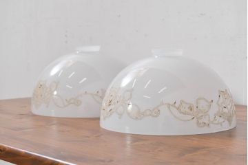 和製アンティーク　薔薇(バラ)　繊細なガラス絵が彩るレトロランプシェード2個セット(照明カバー、吊り下げ照明、ペンダントライト、天井照明、電笠)(R-083854)