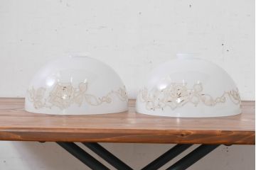 和製アンティーク　薔薇(バラ)　繊細なガラス絵が彩るレトロランプシェード2個セット(照明カバー、吊り下げ照明、ペンダントライト、天井照明、電笠)(R-083854)