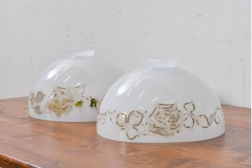 和製アンティーク　薔薇(バラ)　繊細なガラス絵が彩るレトロランプシェード2個セット(照明カバー、吊り下げ照明、ペンダントライト、天井照明、電笠)(R-083855)