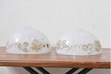 和製アンティーク　薔薇(バラ)　繊細なガラス絵が彩るレトロランプシェード2個セット(照明カバー、吊り下げ照明、ペンダントライト、天井照明、電笠)(R-083855)