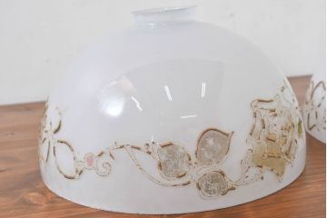 和製アンティーク　薔薇(バラ)　繊細なガラス絵が彩るレトロランプシェード2個セット(照明カバー、吊り下げ照明、ペンダントライト、天井照明、電笠)(R-083855)